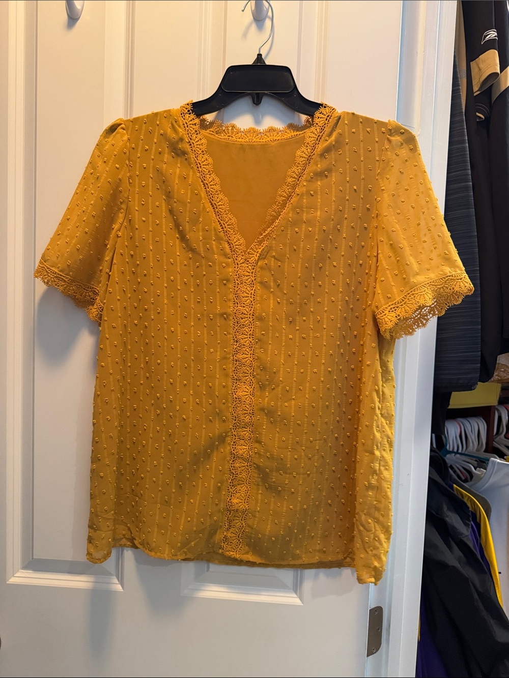 Amazon Mustard Yellow Lace-Trim Short Sleeve Blouse